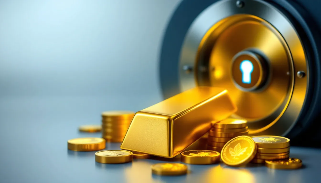 An illustration of a gold IRA account with physical gold and coins.