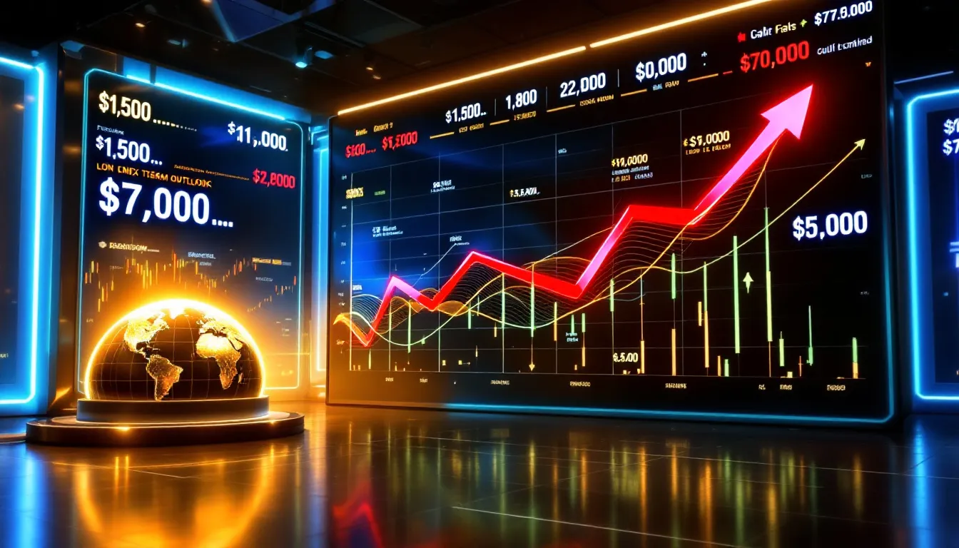 Long-term outlook for gold prices is depicted with a chart predicting future price movements, including a target of $7,000.